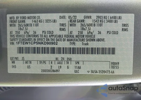 2022 Ford F-150 Xlt from USA, damaged, VIN 1FTEW1CP5NKD90902